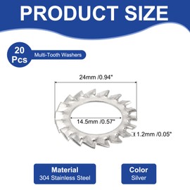 PATIKIL M14 External Tooth Lock Washers, 20Pcs 304 Stainless Steel Serrated Locking Washers Assortment Kit for Mechanical Equipment Retaining Clips Fasteners, Silver