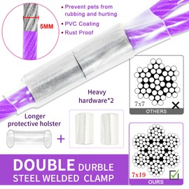 Purple Upgraded Dog Tie Out Cable Leash with Spring,360° Metal Swivel Hooks, Steel Wire Dog Cable with Durable Superior Clips for Outside Use, 9m