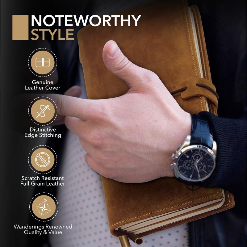 WANDERINGS Leather Notebook with Pockets, 22x11.5cm - Refillable Travel Journal