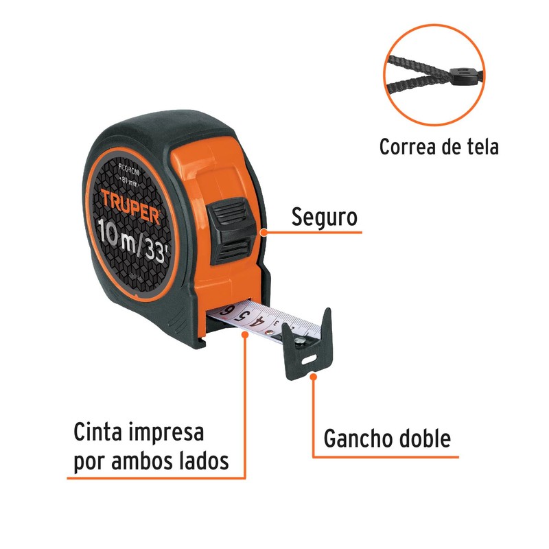 Truper FCG-10M Flexómetro compacto 10 m con grip cinta 25