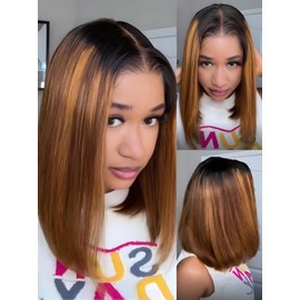 Nadula Blonde Piano Highlight Blunt Bob Straight Wig Human Hair - Glueless Pre Cut 7x5 HD Bye Bye Knots Lace Front Wigs Pre Plucked with Dark Roots - Ready to Go Short Bob Silky Straight Wig 10inch