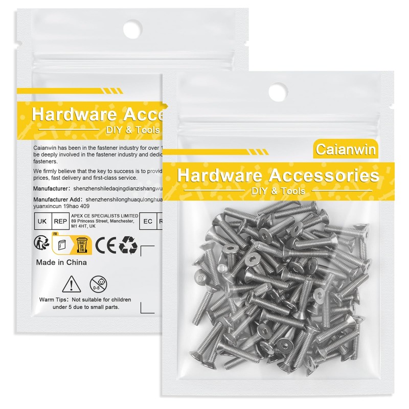 Caianwin 100Pcs M4x16mm Hex Countersunk Bolts DIN7991 Machine Screws 304