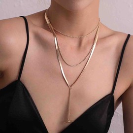 Cimenexe Vintage Layered Snake Chain Necklace Choker Gold Bar Pendant Necklace Chain Punk Twist Chain Necklace Bohemian Y Lariat Necklace Jewellery for Women and Girls