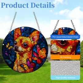 Stained Glass Suncatcher Chihuahua Dog and Butterflies Handmade Window Hangings Colored Glass Suncatcher Crafts Kits for Indoor Garden Christmas Decoration 16x16cm-1-3