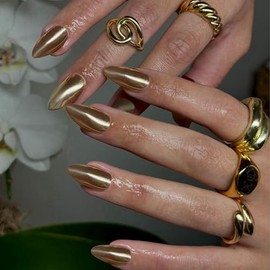SXVME Uñas Postizas de Acrílico Reutilizables, Estilo Estilete, de Longitud Media, con Acabado Brillante Y Forma Almendrada en Color Oro Pálido con Ef