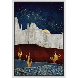 SIGNFORD Framed Canvas Print Wall Art Golden Moon Over Mountain Range & Golden Cacti Abstract Wilderness Digital Art Modern Art Southwest for Living Room, Bedroom, Office - 16"x24" White