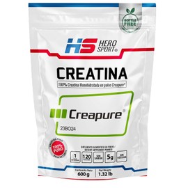 HEROSPORTS | Creatina Monohidratada Creapure® 600g. 100% Pura. Solo 1 Ingrediente Creatina Alemana Creapure®. Vegana, Sin Azúcar, 120 porciones, 5g por porción, Incluye Scoop. Pure. Proven. Perfect.