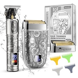 Suttik Juego profesional de cortadora de barba y afeitadoras eléctricas para hombres, recortadora de pelo para hombres, kit de corte de maquinilla de afeitar eléctrica con 2 cabezales de aluminio, gris