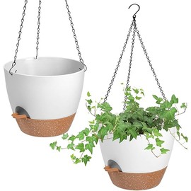 Hanging Planters for Indoor Outdoor Plants, 2 Pack Self Watering Hanging Pot with Drainage Holes & Removable Tray (White, 8'')