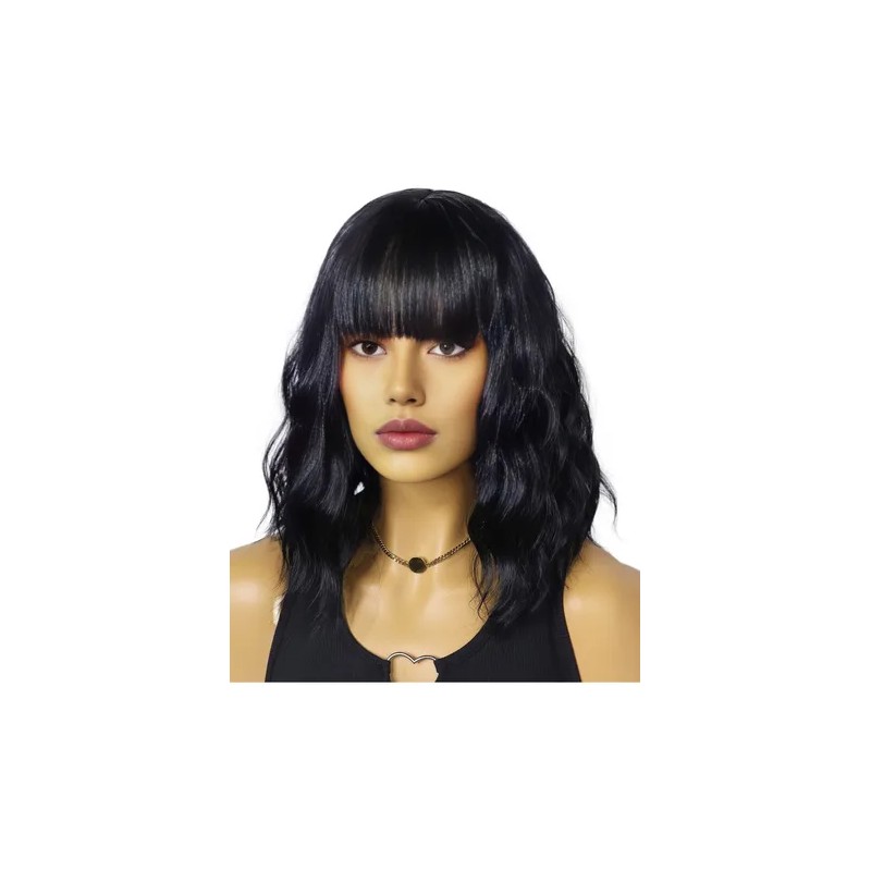 Peluca Ondulada Negra Corta Natural De 14 Pulgadas &wyh