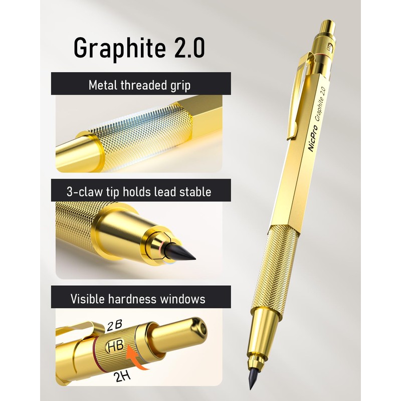 Nicpro 35PCS Gold Art Mechanical Pencils Set, 3 PCS Metal