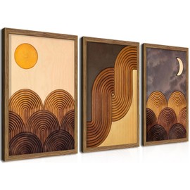 raiqtols Abstract Framed Wooden Canvas Wall Art Set of 3 – Sun Moon Geometric Boho Modern Wall Decor, Golden Brown Mid Century Prints with Wooden Frame for Living Room Bedroom – 12x16in