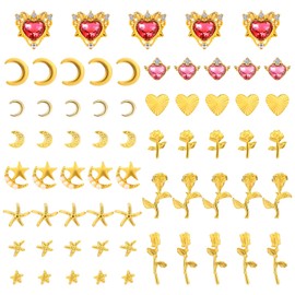 65pcs Gold Nail Charms Set, Alloy Rhinestones Nail Charms with Star Heart Rose Moon Decoration Accessories for Women Manicure