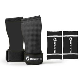 Handgrips + wrist bands | Workout gloves for men and women | Great for pull ups, weight lifting & Cross Training | Flexible Fabric Use with chalk | Black