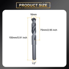 sourcing map 16mm Drill Bit 1/2" Reduced Shank Round 4241 High Speed Steel Nitriding Black 118° Standard Point for Plastic Wood Copper Aluminum Iron Medium Soft Metal