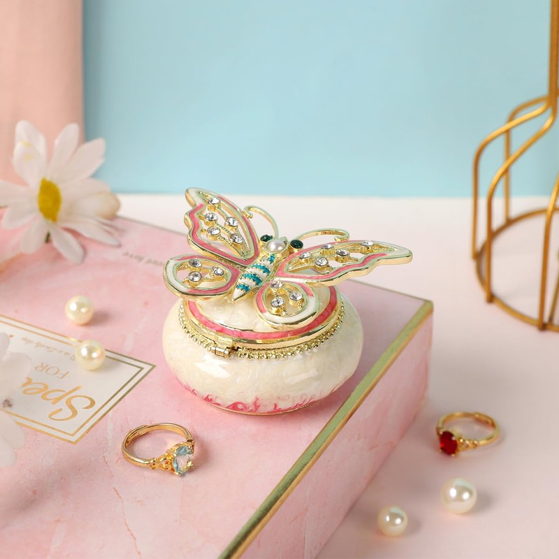 FASSLINO Butterfly Round Trinket Boxes Hinged Hand-Painted Jewelry Box Enamel