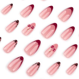 Almond Press on Nails Red French Tip Fake Nails with Design 3D Cherry Glue on Nails Glossy Full Cover Artificial Acrylic Stick on Nail Medium False Nail for Women Girls Manicure 24Pcs