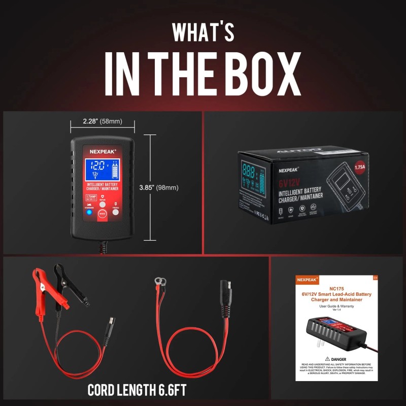 Nexpeak 1.75-Amp Car Battery Charger, 6V and 12V Smart Fully