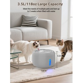 SIBAYS 3.5L/118oz Large Capacity Cat Water Fountain, Automatic Quiet Pet Water Fountain for Cats Indoor Cat Drinking Fountain, Dog Water Bowl Dispenser with LED Light & Water Level Window(FS77, Grey)