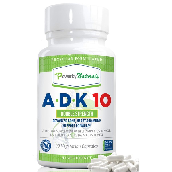 Power By Naturals Vitamin ADK 10 Supplement - Daily Vitamins A, D3 10000 iu, K2 (as MK-7 Supplement for Bones, Heart, and Immune Support - 90 Pills of VIT A D3 with K3 - (3 Months)