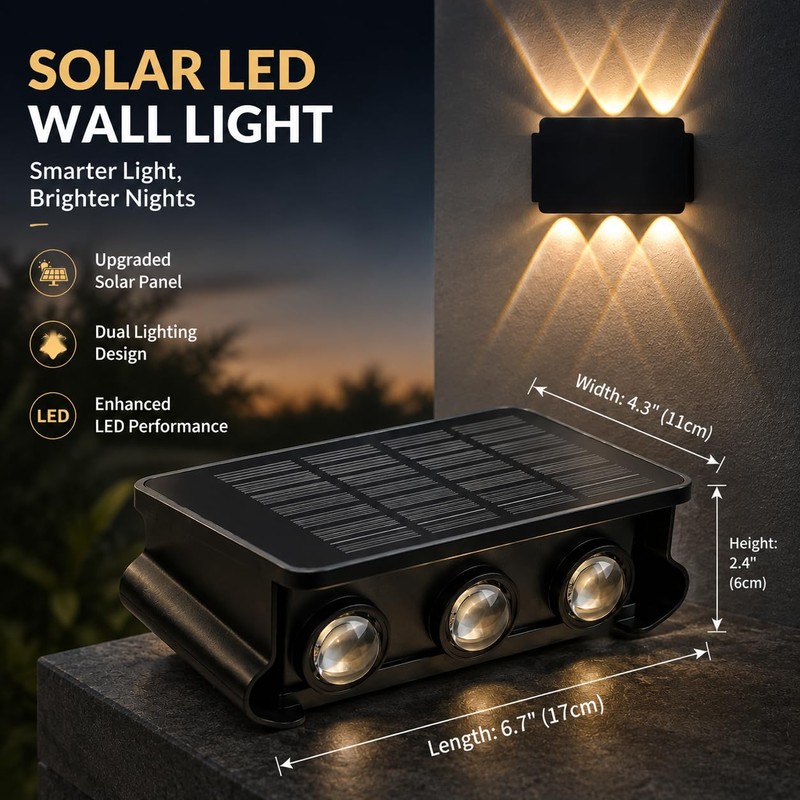 TERVEEX Solar Wall Lights Outdoor, 6 LED Solar Powered Wall