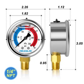 Medida de media pulgada NPT 0-35 psi, manómetro con esfera de 5 cm, filtro de piscina relleno de glicerina, carcasa de acero inoxidable 304, montaje inferior, con NPT de 1/4 x 1/2 pulgadas y buje hexagonal NPT de 1/4 x 3/8 pulgadas