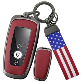 ontto Car Key Fob Cover Fit for Ford Maverick Focus Edge Explorer Everest Fusion Mondeo Mustang 2/3/4/5 buttons Smart Alloy Leather Key holder Shell case bag keyring keychain accessories Red C