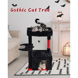 SYANDLVY Gothic Cat Tree with Coffin Bed for Indoor Cats, Activity Tower with Scratching Post, Modern House for Large Cats, Cat Condo Furniture with Basket & Hanging Spider for Play Rest, Black & Red