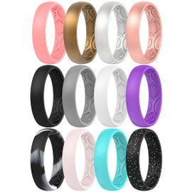 ThunderFit Women Breathable Air Grooves Silicone Wedding Bands Promise Rings 5.5mm Wide 1.8mm Thick - 1/4/8/12 Variety Multipack - Pack A (Size 5.5-6 (16.5mm))