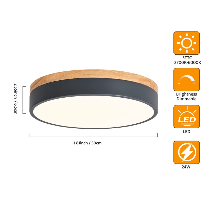 Yiisem Dimmable Wood LED Flush Mount Ceiling Light, 5CCT 2700K-6000K