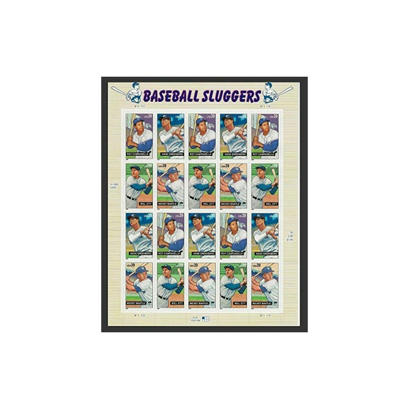 Baseball Sluggers Sheet of Twenty 39 Cent Stamps Scott 4080-83
