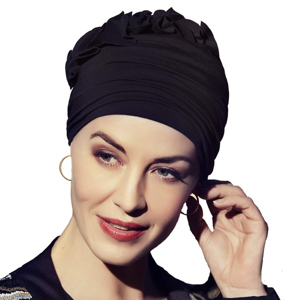 Christine Headwear Refined and a vibrant Nadi turban with small flower decorations, black