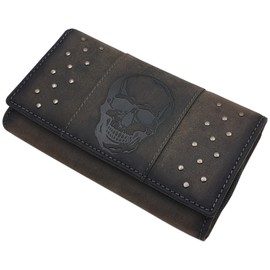 myledershop Large Buffalo Full Leather Women's Wallet / Purse / Purse with Skull Motif with RFID & NFC Protection, Vintage Grey, Retro, classic
