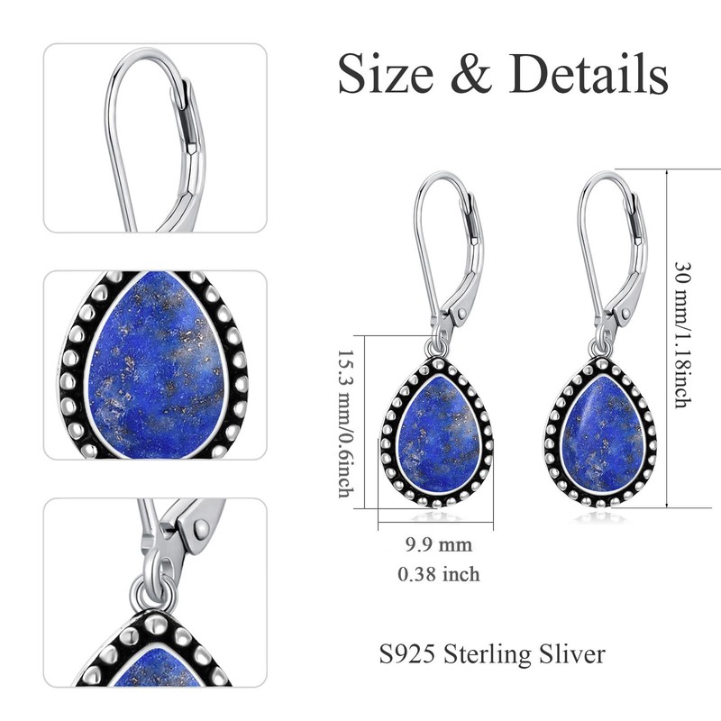 Lapis Lazuli Earrings 925 Sterling Silver Boho Hypoallergenic Retro Oxidized