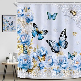 Ufeela Blue Floral Shower Curtain, Butterfly Rose Peony Flower Rustic Vintage Botanical Plant Pastel 72Wx72L Inch Bathroom Set Girl Woman Elegant Pretty Bath Curtain Bathtub Accessories Home Decor
