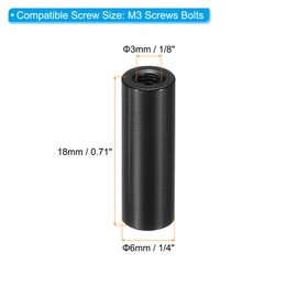 PATIKIL 12pcs M3 Metal Threaded Standoff Spacer Nuts, Round Aluminum Spacers Female Coupling Screws, 1/8" ID x 1/4" OD, Black 3x6x18mm