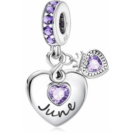 MSPOVOF Birthstone Charm Heart Pendant 925 Sterling Silver Charms Compatible European Bracelets for Women, Cubic Zirconia