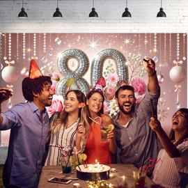 Nuxovilar 80th Birthday Banner - Elegant Pink & Gold Floral Backdrop with Glitter "80" Sign, 71x43 Inch Large Party Decor for Women & Men, Reusable Indoor/Outdoor Hanging