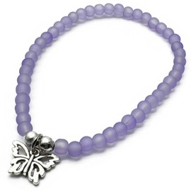 Pale Purple Frosted Glass Bead Bracelet with Silver Plated Butterfly Charm on Elastic : Medium 7.5 inches