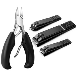 4Pcs Professional Nail Clippers Set, Ultra Sharp Sturdy Fingernail Clipper and Heavy Duty Toe Nail Clippers Adult Thick Nails Long Handle (Black)