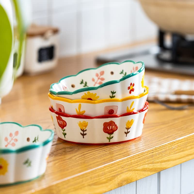 GinkgoHome Hand Painted Flower Pattern Ceramic Bowl Wavy Edge 6-8