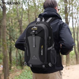 PORRASSO Hiking Backpack Waterproof Rucksack 40L Daypack with Earphone Hole Durable Backpack for Women Men Camping Climbing Travel Outdoor Sports Black