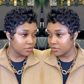 FREEKWEEN Pixie Cut Short Bob Wig for Black Women 100% Brazilian Human Hair Full Machine Made Wigs Glueless Natural Black Color Curly Human hair