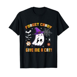 Forget Candy Give Me A Cat Groovy Ghost Holding Black Cat T-Shirt