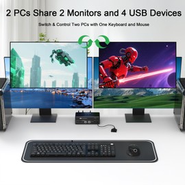 DEMEXBOOK 8K Dual Monitor DisplayPort KVM Switch 2 Monitors 2 Computers 8K@60Hz 4K@144Hz, 2 Computers Share 2 Monitors, 4 USB 3.0 Ports, Supports Extended/Copy Mode with Remote & USB Cables