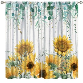 Kitchen Curtains, Rustic Sunflower Country Floral Print Window Treatments for Living Room Bedroom, Yellow Floral Blackout Farmhouse Leaves Botanical Drapes 2 Panel Sets42x45 Inch