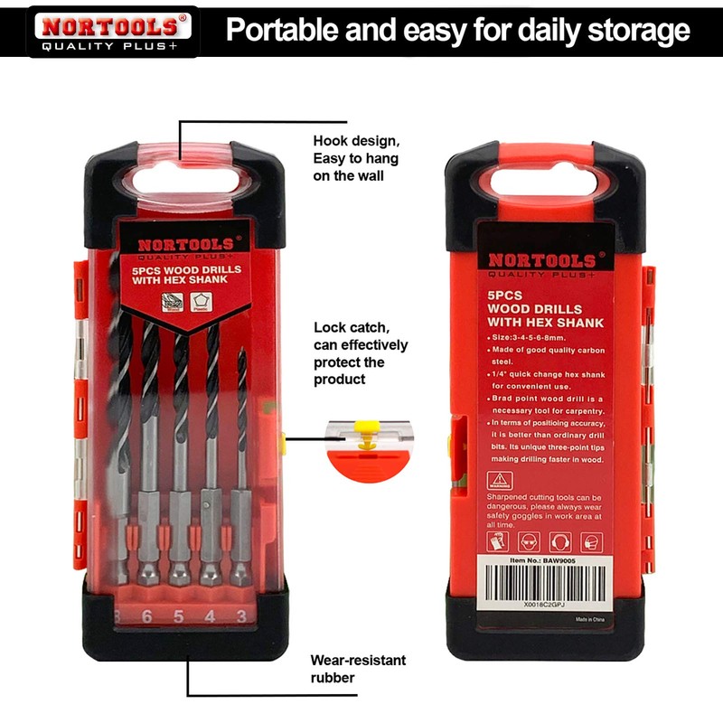 NORTOOLS Wood Drill Bit Set 5 Pieces Brad Angle Wood