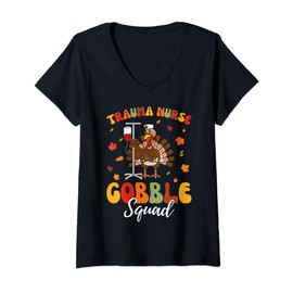 Womens Trauma Nurse Turkey Gobble Squad Trauma Nurse Thanksgiving V-Neck T-Shirt