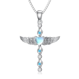 LUHE Moonstone Cross Necklace for Women 925 Sterling Silver Angel Wings Pendant Necklace Cross Jewelry Gifts