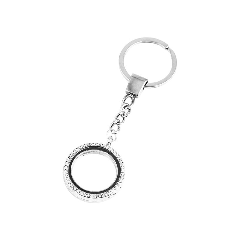YuanHolumid Silver Crystal Round Floating Glass Locket Memory Keyring Charm
